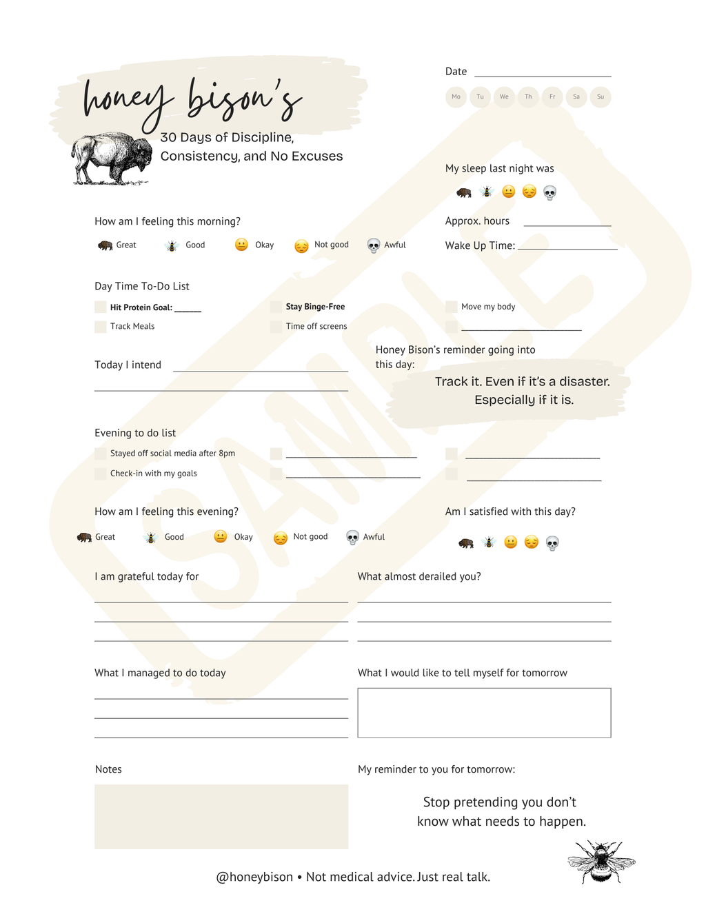 Honey Bison 30-Day Habit Tracker (Digital PDF)