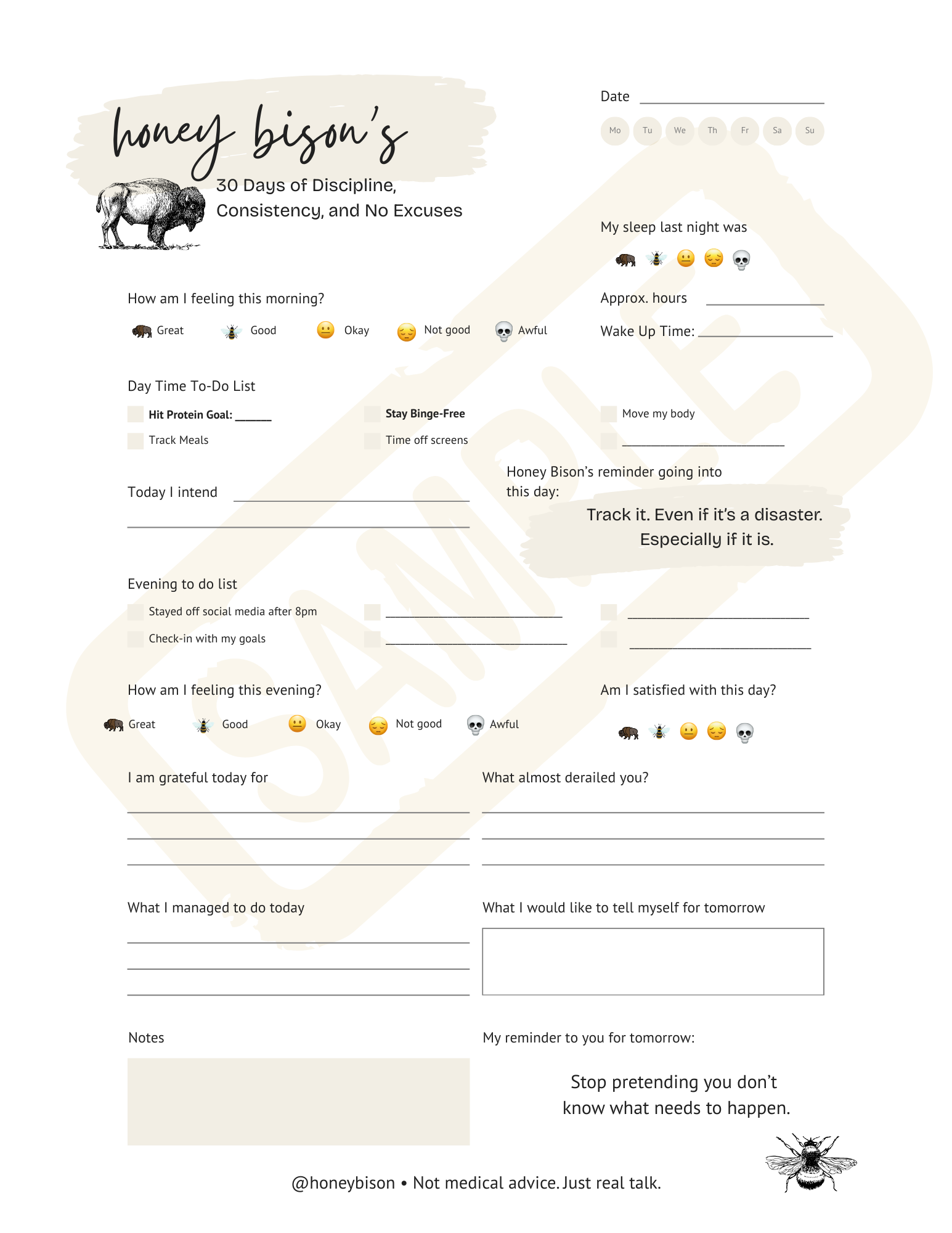 Honey Bison 30-Day Habit Tracker (Digital PDF)